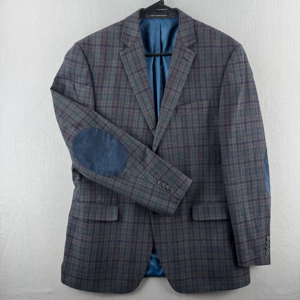 Perry Ellis Portfolio Jacket Mens 44L Gray Plaid Elbow Patch Sport Coat Blazer